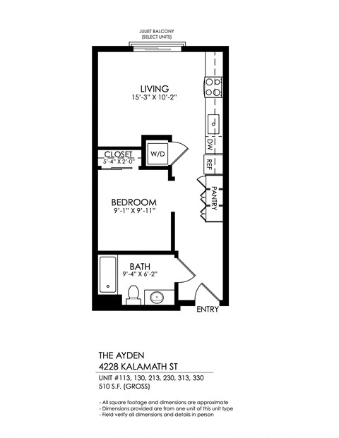 Floor plan for studio, 1 bath, 510 sqft